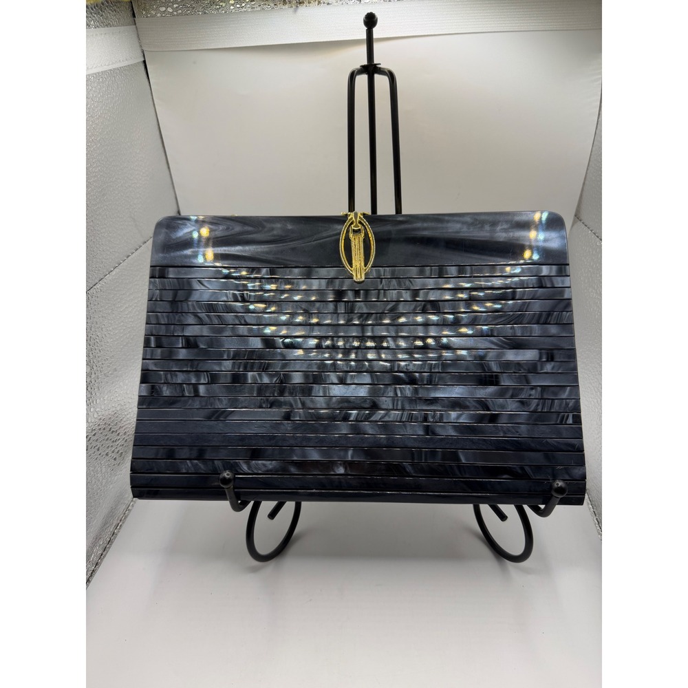 Vintage Marbled Grey Acrylic Ribbed Hard Shell Clutch Evening Bag Gold Clasp